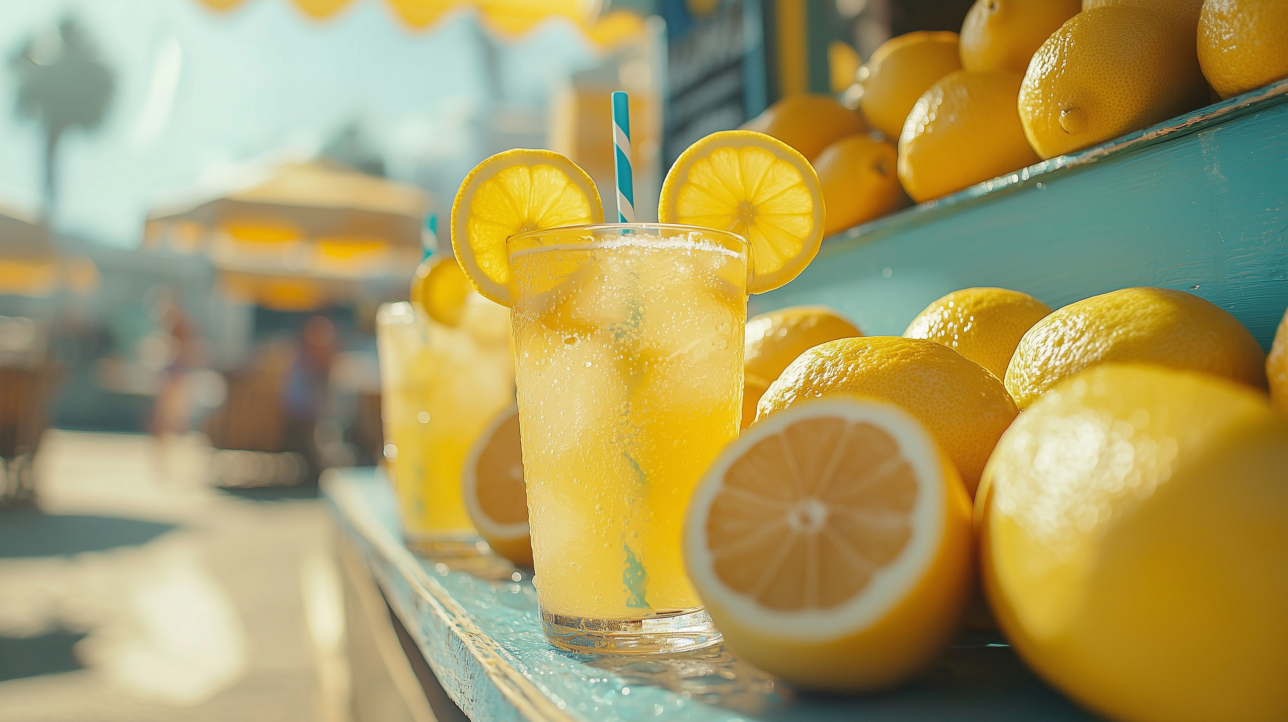 Glasses of lemonade on a turquoise blue bench with fresh cut lemons in foreground