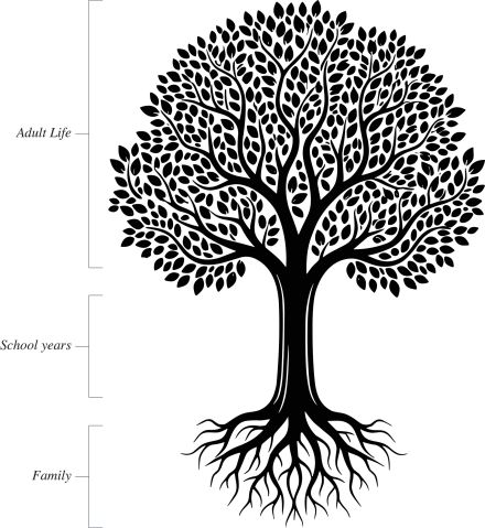 black and white graphic of a tree with three sections highlighted: the roots, which signify family, the trunk, which signifies the school years, and the leaves, which represent adult life